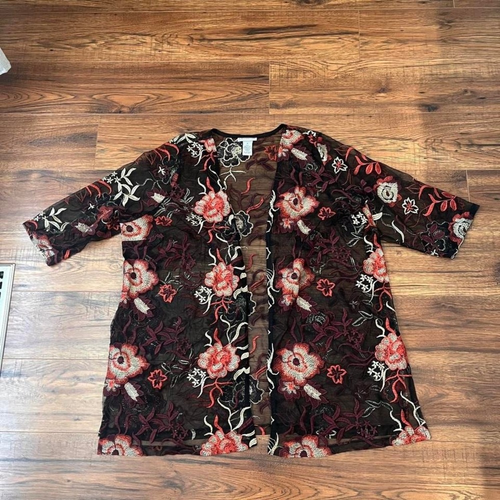 Vintage Sheer Embroidered Mesh Kimono Black Red Women XL Boho Dark Academia